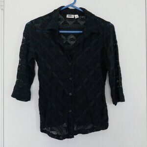 Cato sheer black collared stretch lace button down top 3/4 sleeves size M